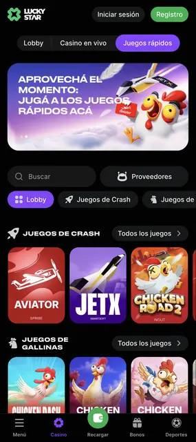 Pantalla de Lucky Star: portada de juegos rápidos con el banner de JetX